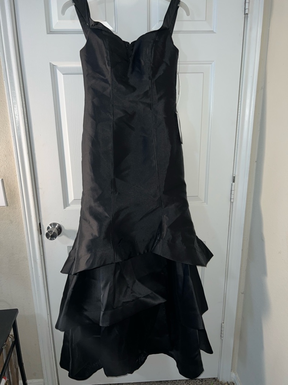 Sequin Hearts Black Satin High-Low Ruffle Gown
Size 5 I used 6 not on chart
